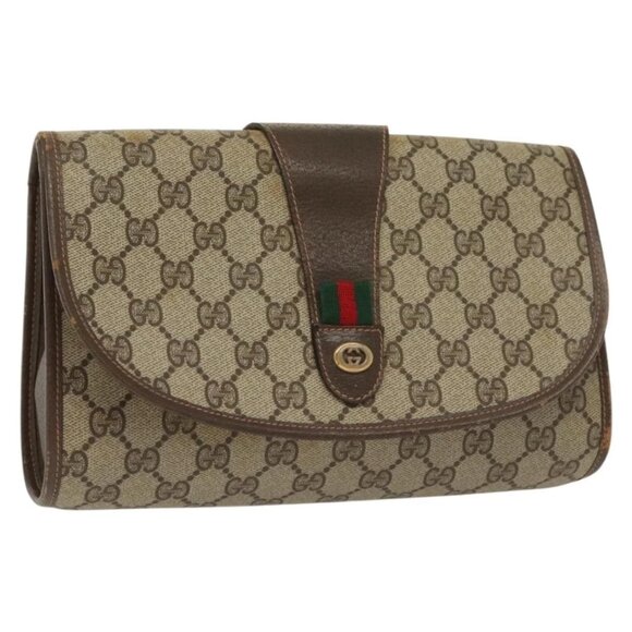 GUCCI GG Supreme Web Sherry Line Bag PVC Beige Gold 156 01 030 Auth BA4458 - Picture 1 of 16